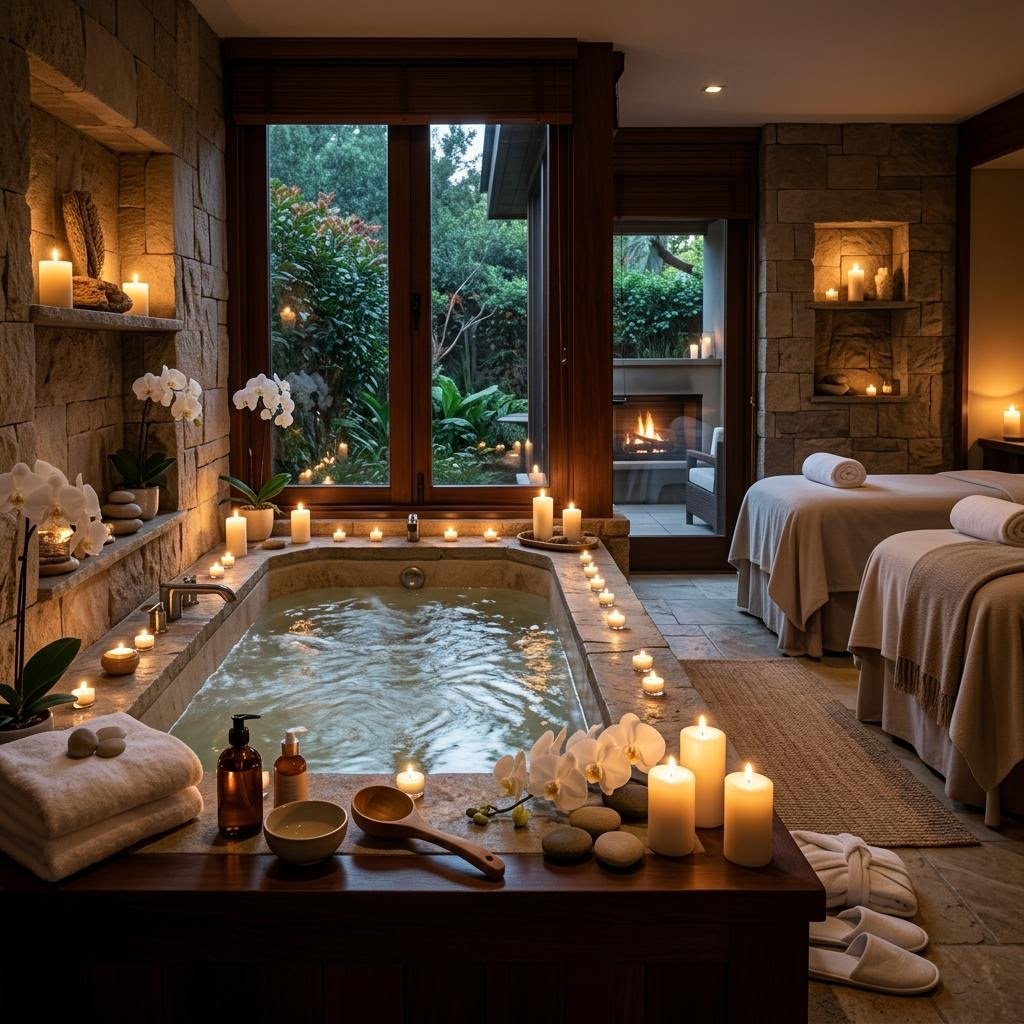 AI visual concept of a couple spa experience with Jacuzzi options