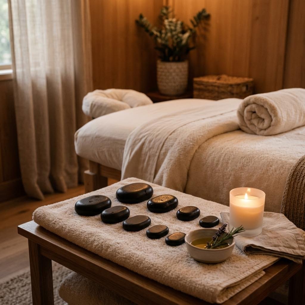 AI visual concept of a hot stone massage treatment setting
