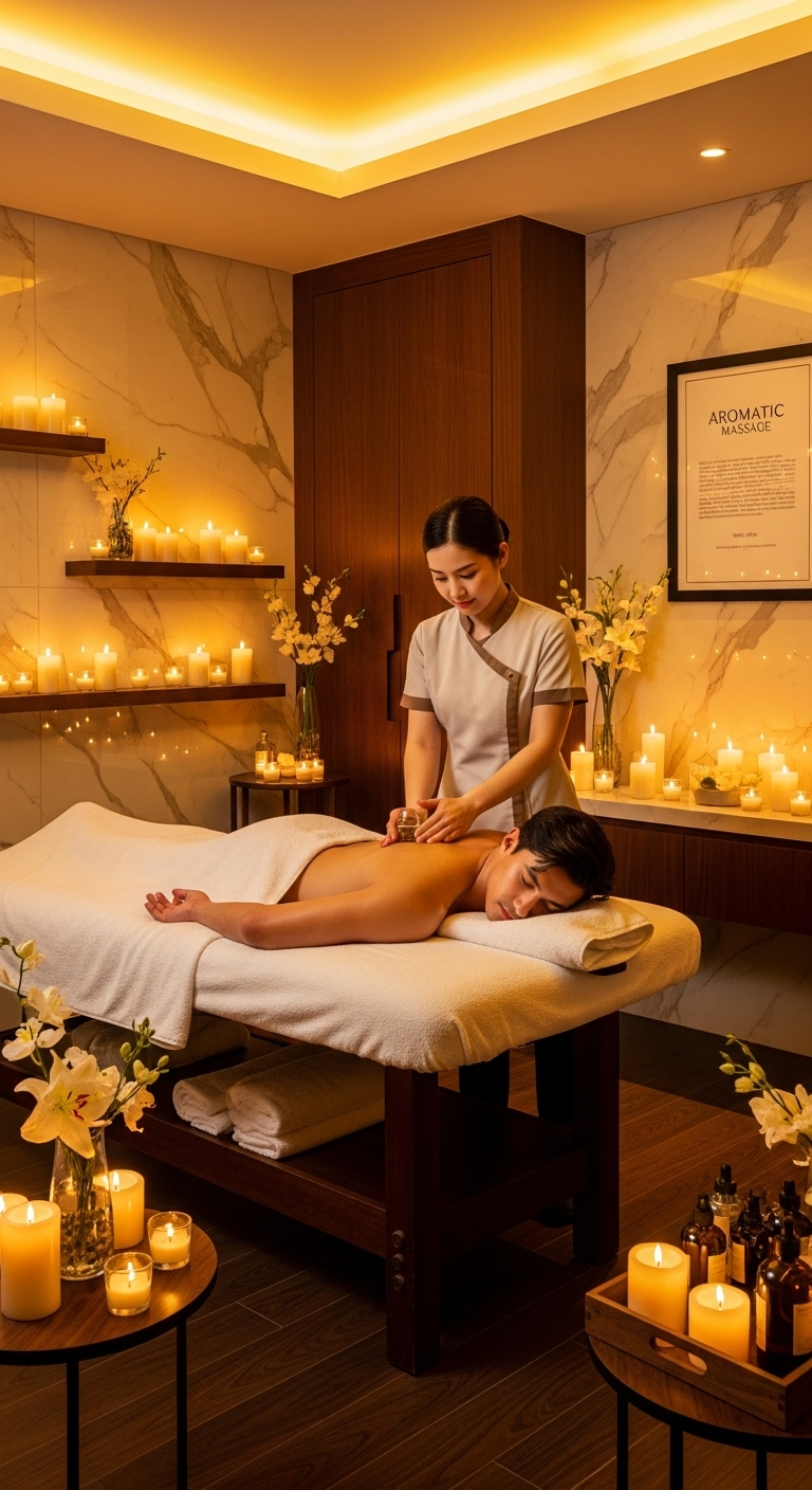 Professional aromatherapy massage treatment with essential oils in serene spa environment